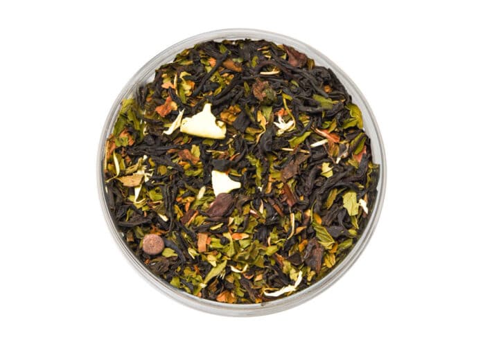 Midnight Chocolate Mint Tea - a loose leaf black tea with festive ingredients and natural flavour