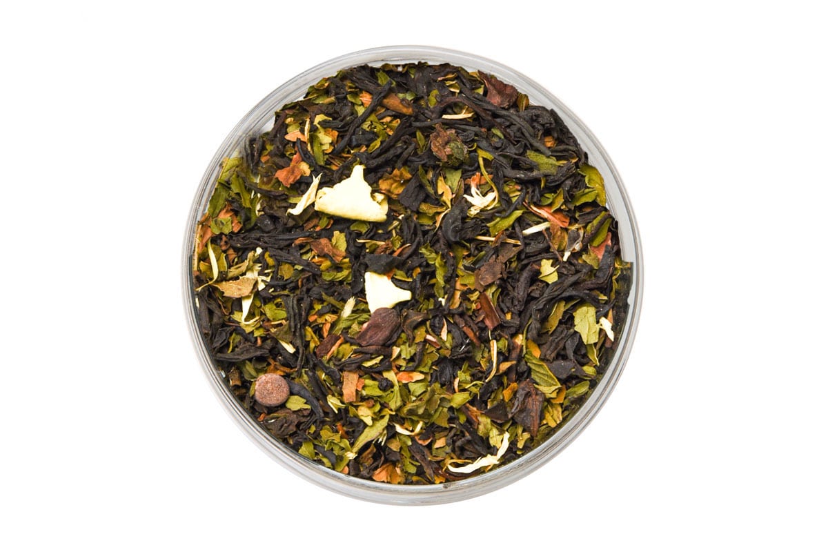 Midnight Chocolate Mint Tea - a loose leaf black tea with festive ingredients and natural flavour